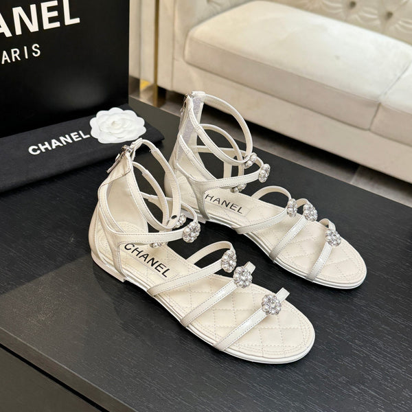 Chanel Camellia Pearl Chunky Heel Sandals White In Cowhide Leather 717698