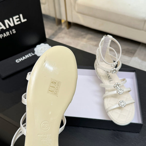 Chanel Camellia Pearl Chunky Heel Sandals White In Cowhide Leather 717698