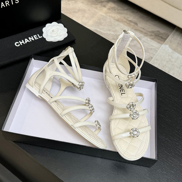 Chanel Camellia Pearl Chunky Heel Sandals White In Cowhide Leather 717698