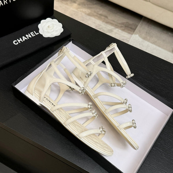 Chanel Camellia Pearl Chunky Heel Sandals White In Cowhide Leather 717698