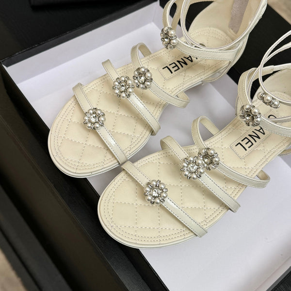 Chanel Camellia Pearl Chunky Heel Sandals White In Cowhide Leather 717698