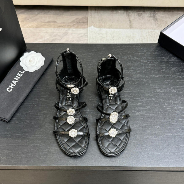 Chanel Camellia Pearl Chunky Heel Sandals Black In Cowhide Leather 717696