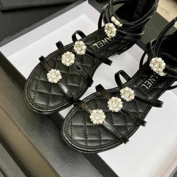 Chanel Camellia Pearl Chunky Heel Sandals Black In Cowhide Leather 717696