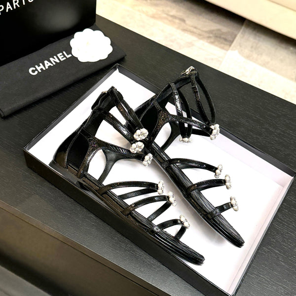 Chanel Camellia Pearl Chunky Heel Sandals Black In Cowhide Leather 717696