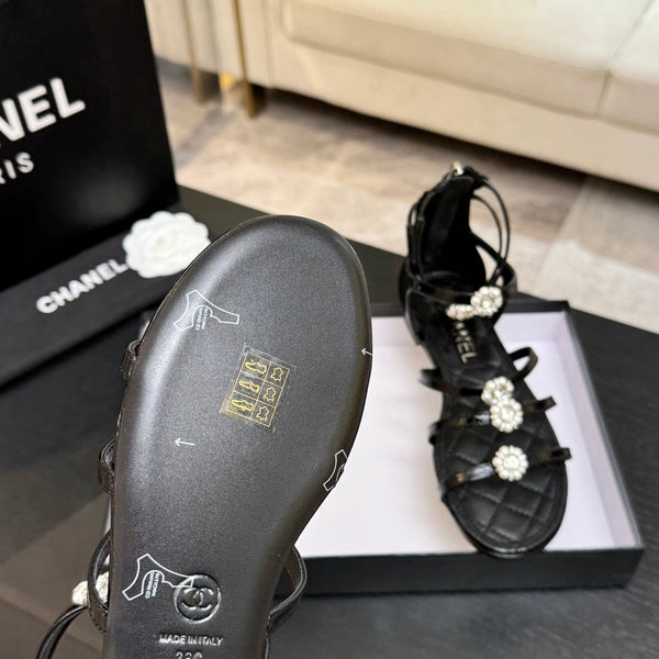 Chanel Camellia Pearl Chunky Heel Sandals Black In Cowhide Leather 717696