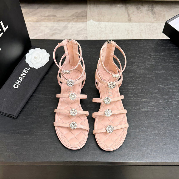 Chanel Camellia Pearl Chunky Heel Sandals Pink In Cowhide Leather 717695