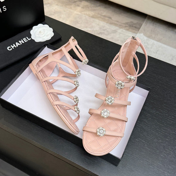 Chanel Camellia Pearl Chunky Heel Sandals Pink In Cowhide Leather 717695