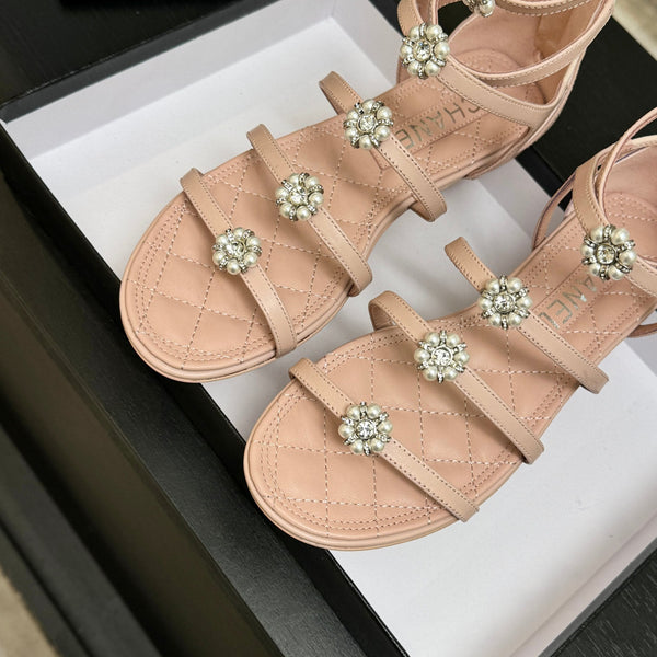 Chanel Camellia Pearl Chunky Heel Sandals Pink In Cowhide Leather 717695
