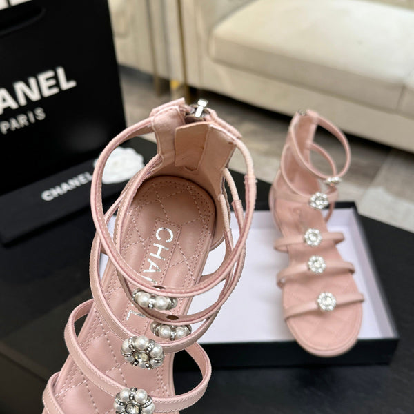 Chanel Camellia Pearl Chunky Heel Sandals Pink In Cowhide Leather 717695
