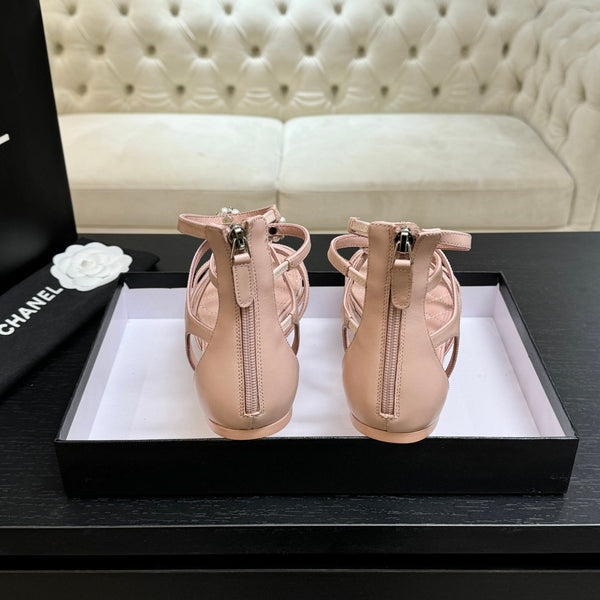 Chanel Camellia Pearl Chunky Heel Sandals Pink In Cowhide Leather 717695