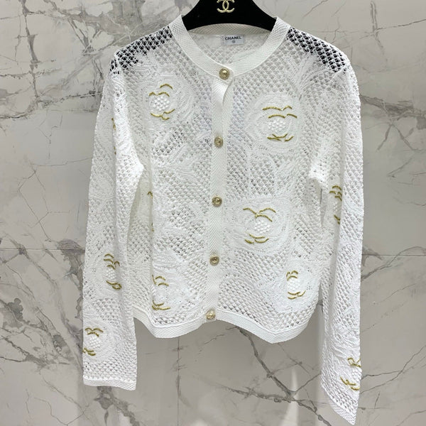 Chanel Embroidered Hollow-Out Cardigan White in Cotton 298306