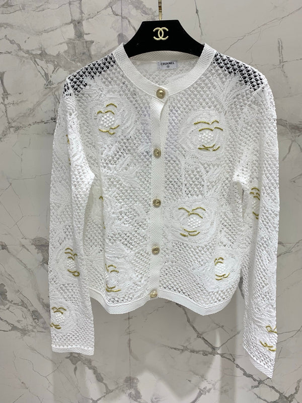 Chanel Embroidered Hollow-Out Cardigan White in Cotton 298306