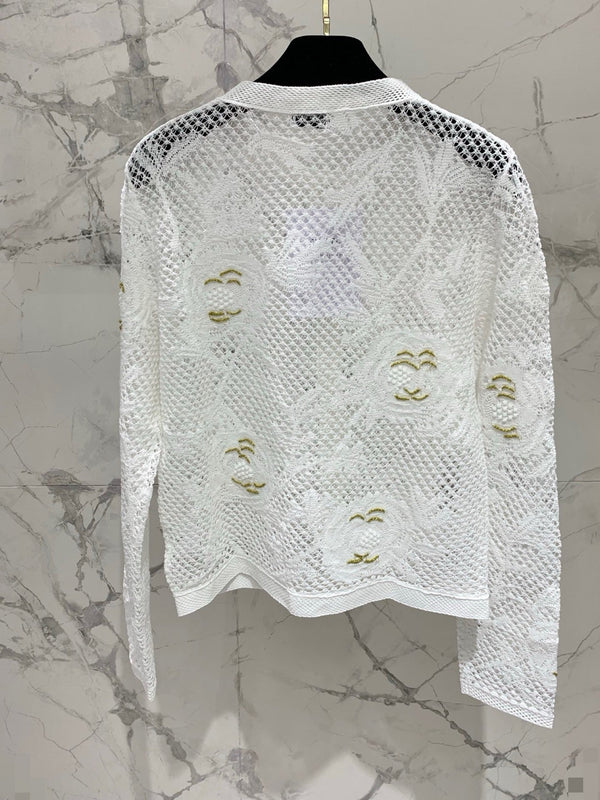 Chanel Embroidered Hollow-Out Cardigan White in Cotton 298306