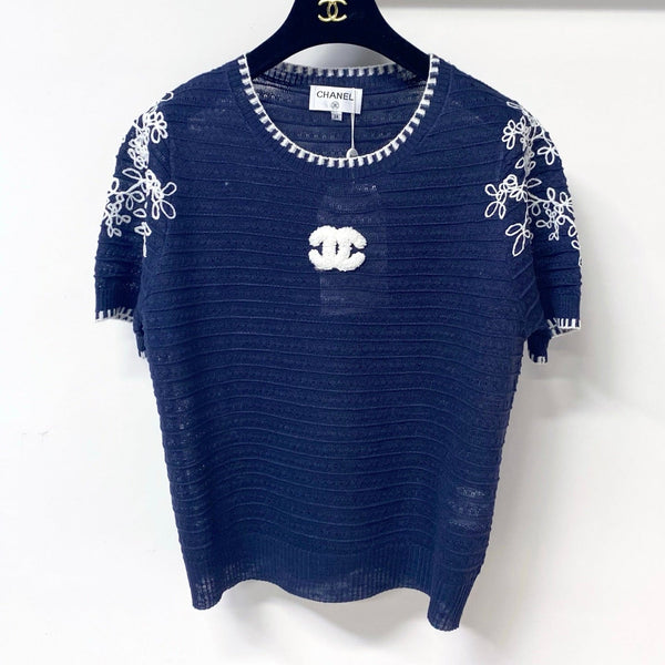 T-shirt Chanel manches courtes bleu marine en laine 305894