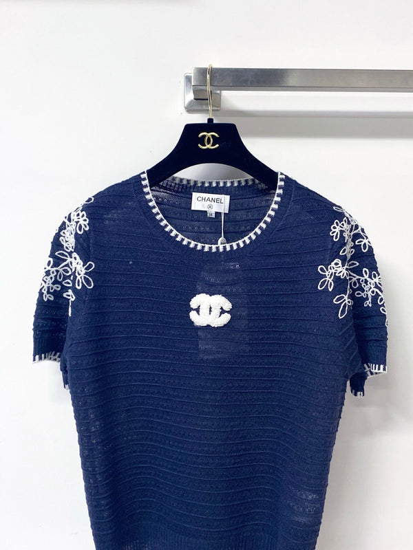 T-shirt Chanel manches courtes bleu marine en laine 305894
