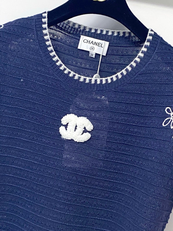 T-shirt Chanel manches courtes bleu marine en laine 305894
