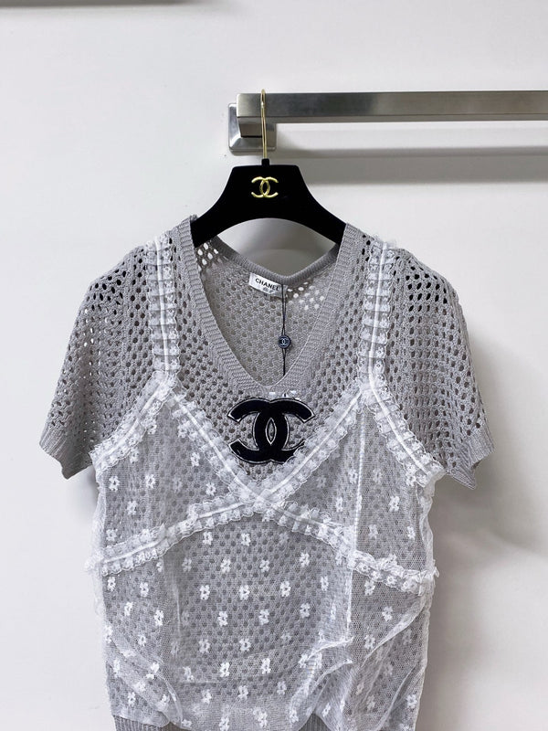 T-shirt Chanel à manches courtes gris en laine 305816