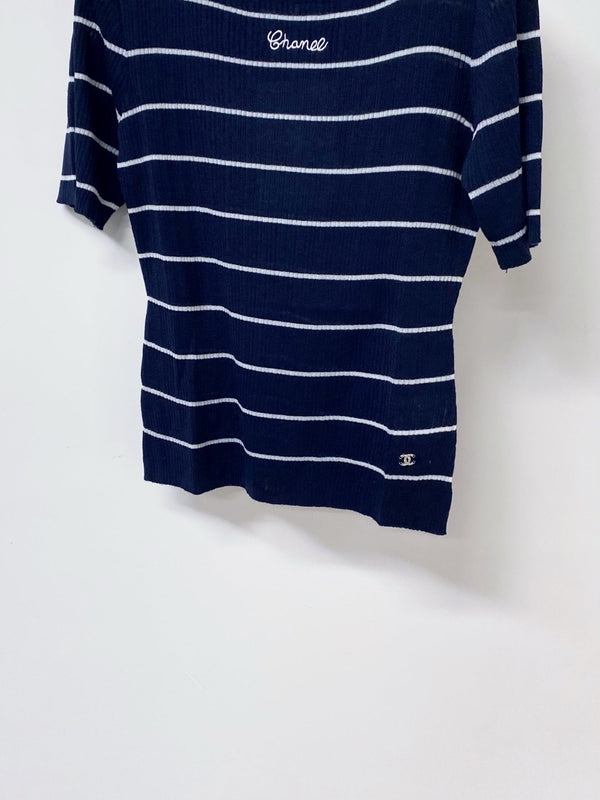 T-shirt Chanel à manches courtes bleu marine en laine 305805