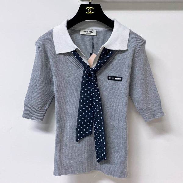 Miu Miu Short-Sleeve T-Shirt Gray White  in Wool 305813