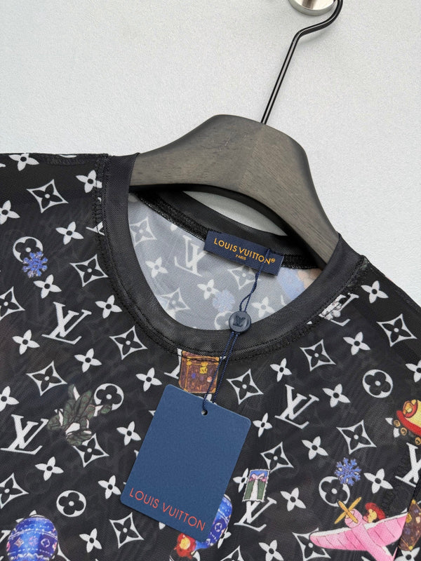 LV 26 Monogram Mesh Short-Sleeve Top Black in Cotton 371744