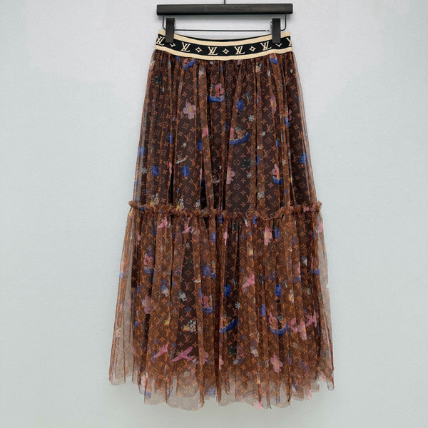 LV 26 Monogram Print Tulle Skirt Brown in Cotton 371756