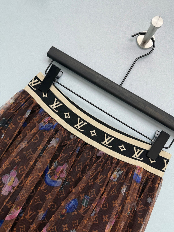 LV 26 Monogram Print Tulle Skirt Brown in Cotton 371756