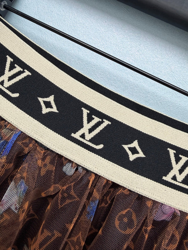 LV 26 Monogram Print Tulle Skirt Brown in Cotton 371756