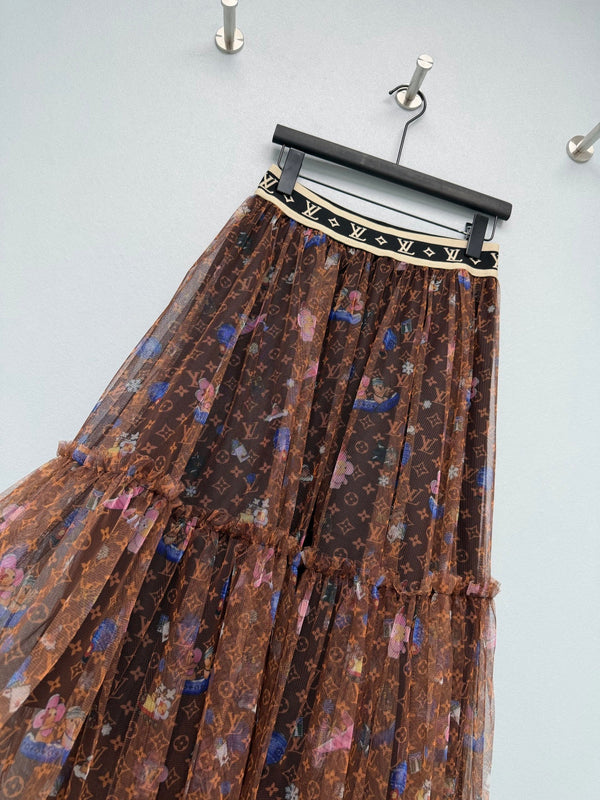 LV 26 Monogram Print Tulle Skirt Brown in Cotton 371756