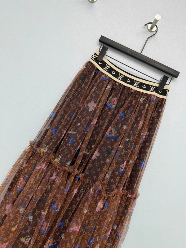 LV 26 Monogram Print Tulle Skirt Brown in Cotton 371756