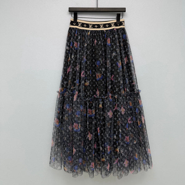 LV 26 Monogram Print Tulle Skirt Black in Cotton 371743