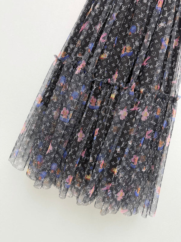LV 26 Monogram Print Tulle Skirt Black in Cotton 371743