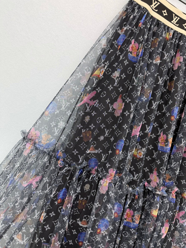 LV 26 Monogram Print Tulle Skirt Black in Cotton 371743