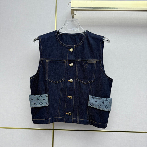 LV 26SS Vest Jacket Monogram Print Patchwork Decoration Dark Blue In Cotton 367729