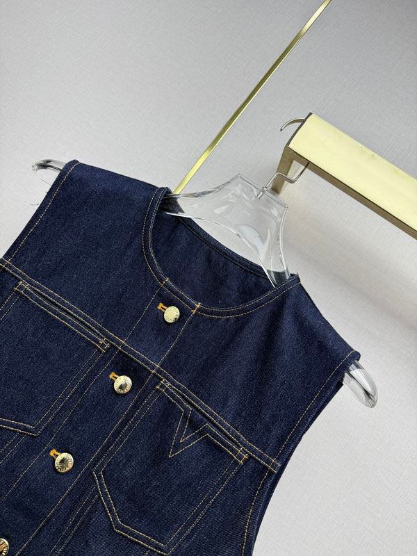 LV 26SS Vest Jacket Monogram Print Patchwork Decoration Dark Blue In Cotton 367729