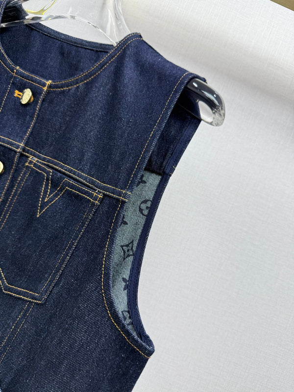 LV 26SS Vest Jacket Monogram Print Patchwork Decoration Dark Blue In Cotton 367729