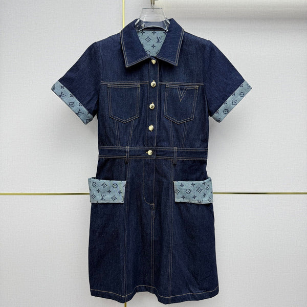 LV 26SS Short-Sleeve Dress Denim Patchwork Dark Blue In Cotton 367726