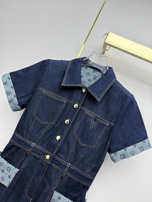 LV 26SS Short-Sleeve Dress Denim Patchwork Dark Blue In Cotton 367726