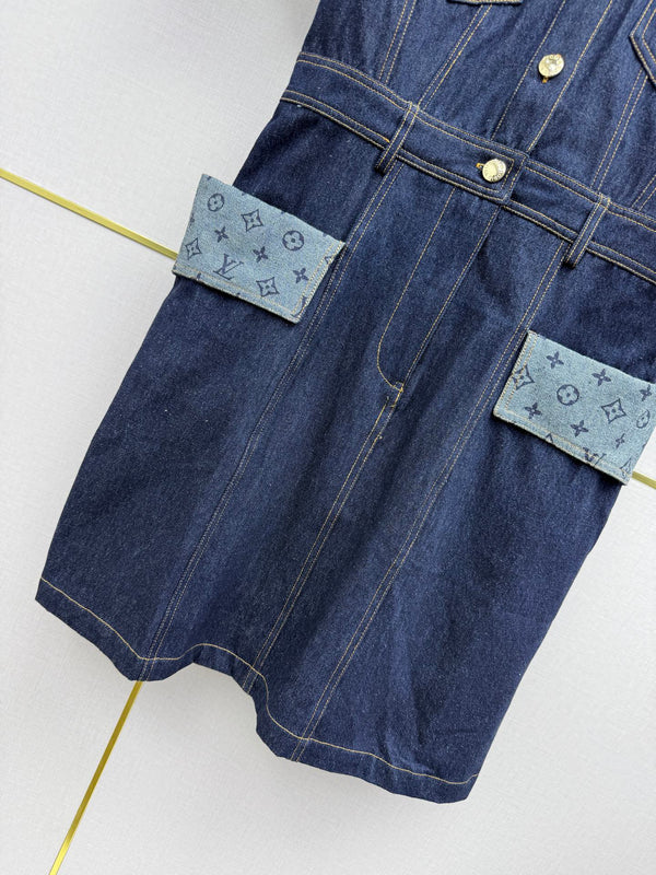LV 26SS Short-Sleeve Dress Denim Patchwork Dark Blue In Cotton 367726