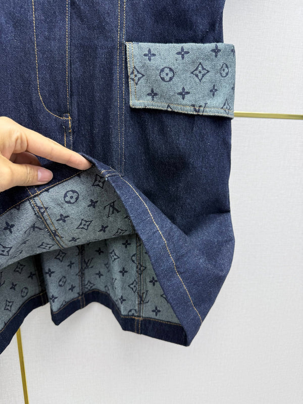 LV 26SS Short-Sleeve Dress Denim Patchwork Dark Blue In Cotton 367726