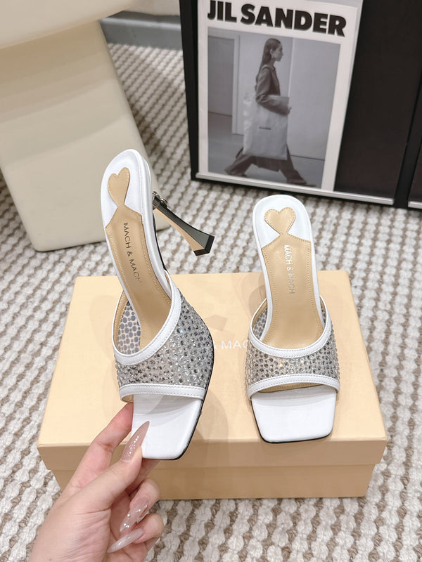 Mach & Mach Embellished Mules 95 White in Leather Diamonds 722811