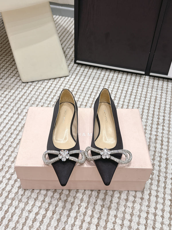 Mach & Mach 26SS Rhinestone Bow Flats Black in Silk 722448