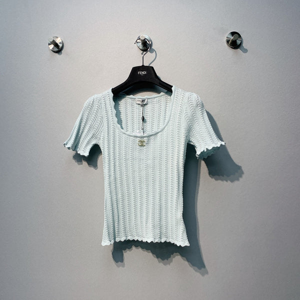 Chanel 26 Lace Short-Sleeve Top Baby Blue in Acrylic 370295