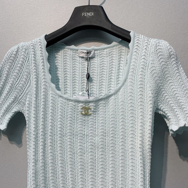 Chanel 26 Lace Short-Sleeve Top Baby Blue in Acrylic 370295