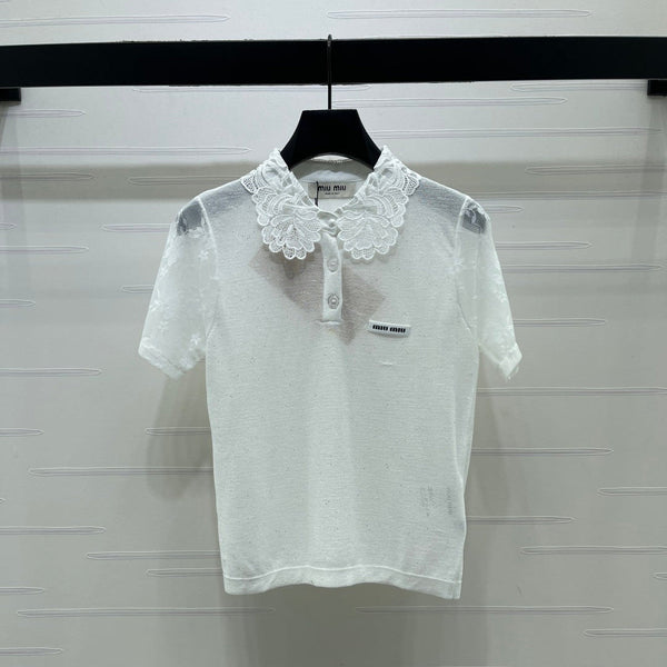 Miu Miu Collared Crochet Short-sleeved Top White in Tencel 373136