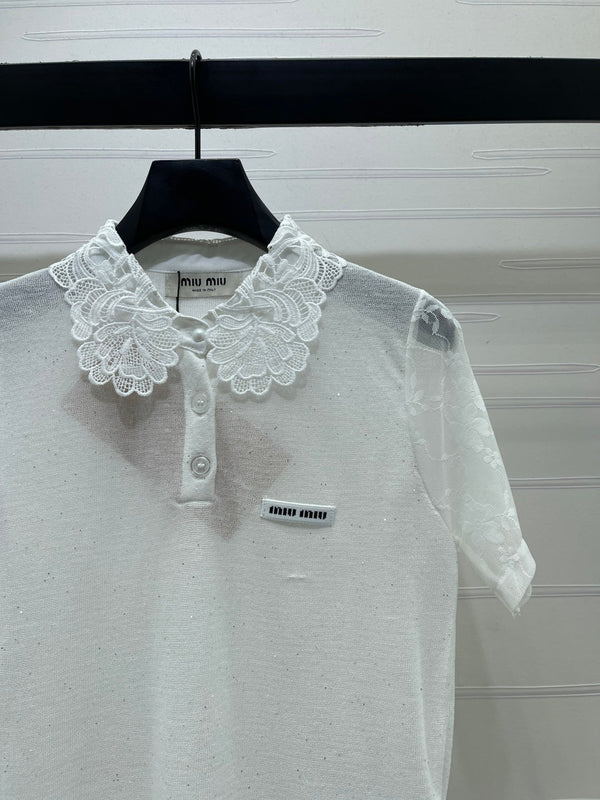 Miu Miu Collared Crochet Short-sleeved Top White in Tencel 373136