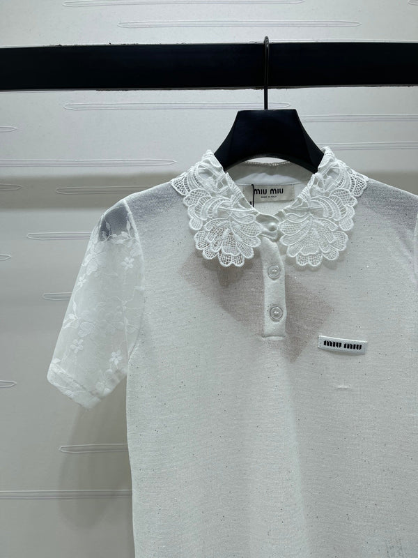 Miu Miu Collared Crochet Short-sleeved Top White in Tencel 373136
