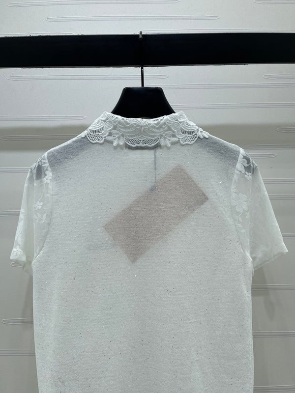 Miu Miu Collared Crochet Short-sleeved Top White in Tencel 373136