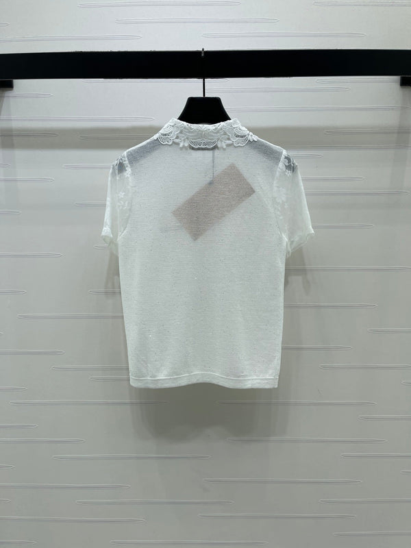 Miu Miu Collared Crochet Short-sleeved Top White in Tencel 373136