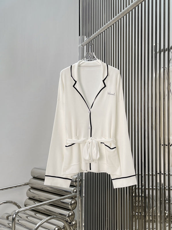 Chanel 26 Collar Tie-Waist Long-Sleeve Cardigan in Mulberry Silk 327277