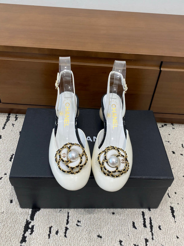 Chanel 26 Round Toe Pearl Heel 50 Shoes White in Cowhide 729341